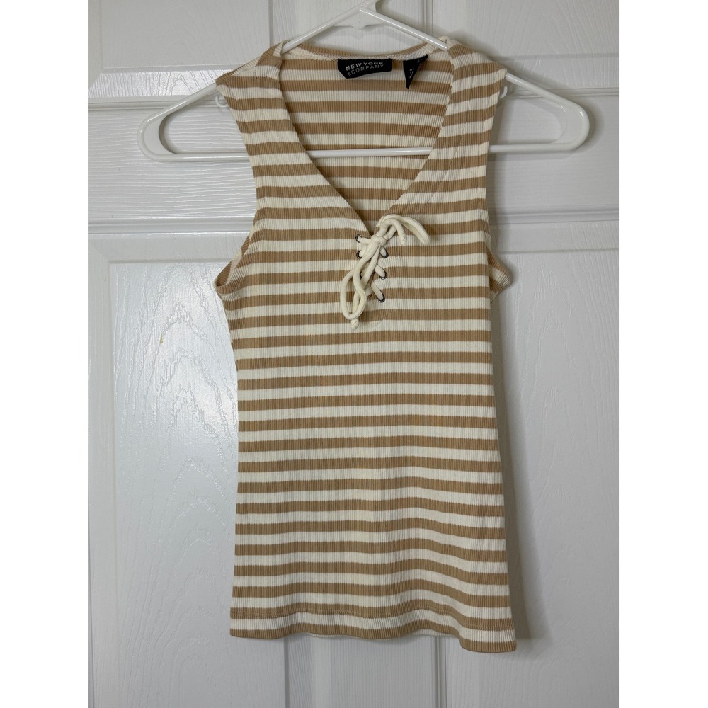 New York & Company Tank Top Small Tan White Striped Lace-Up Ribbed Nautical